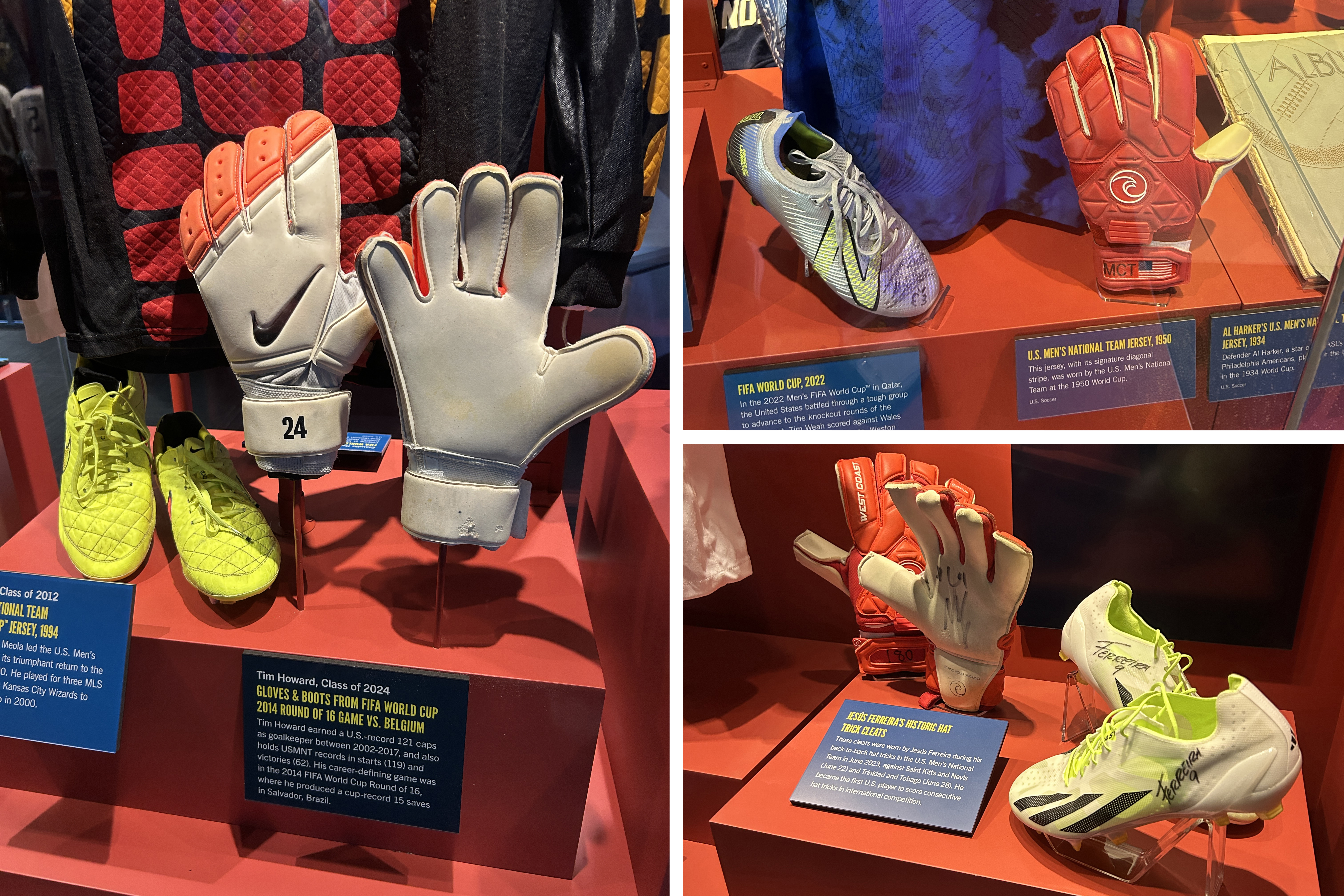 Goalkeeper gloves and soccer cleats behind glass.